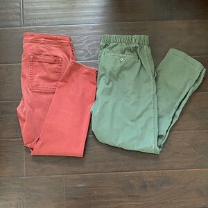 Anthropologie and Old Navy pants. Rust and army green